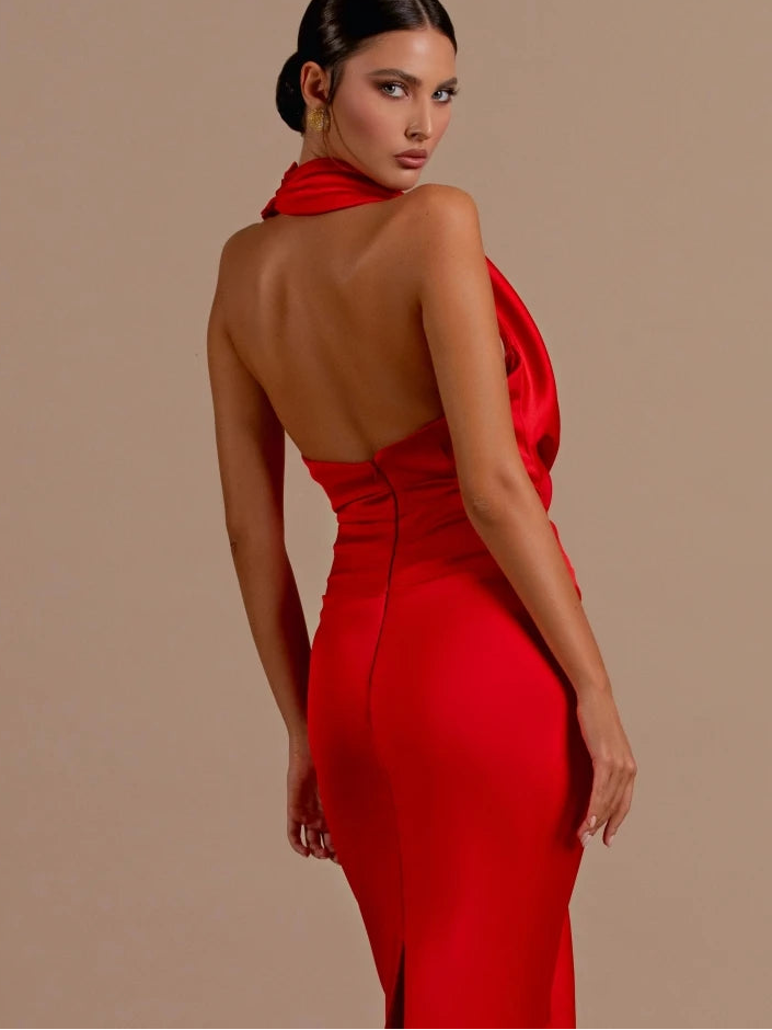 A&A Luxe Halter Pleat Backless Maxi Gown Dress