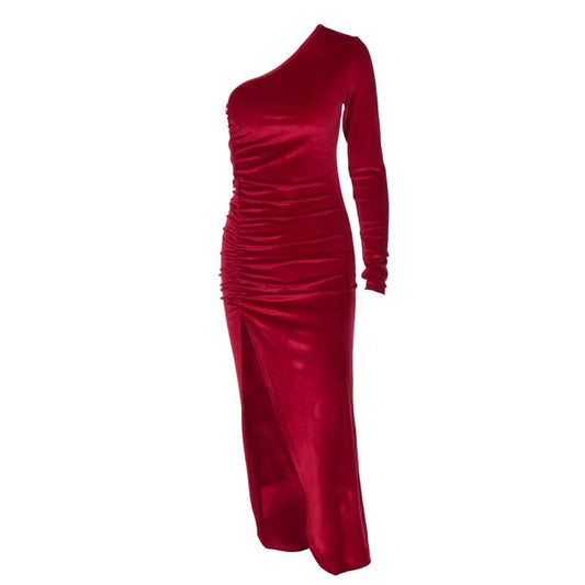 A&A One Shoulder Ruched Slit Velvet Midi Dress