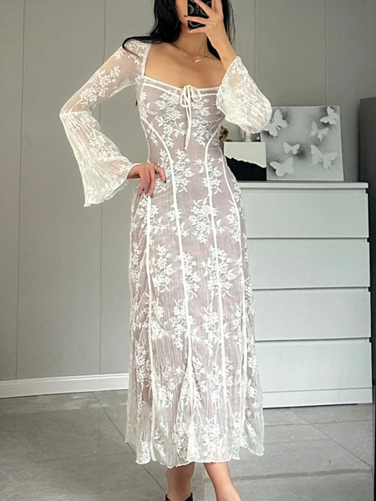 A&A Luxe Vintage Square Collar Lace Long Sleeve Maxi Dress