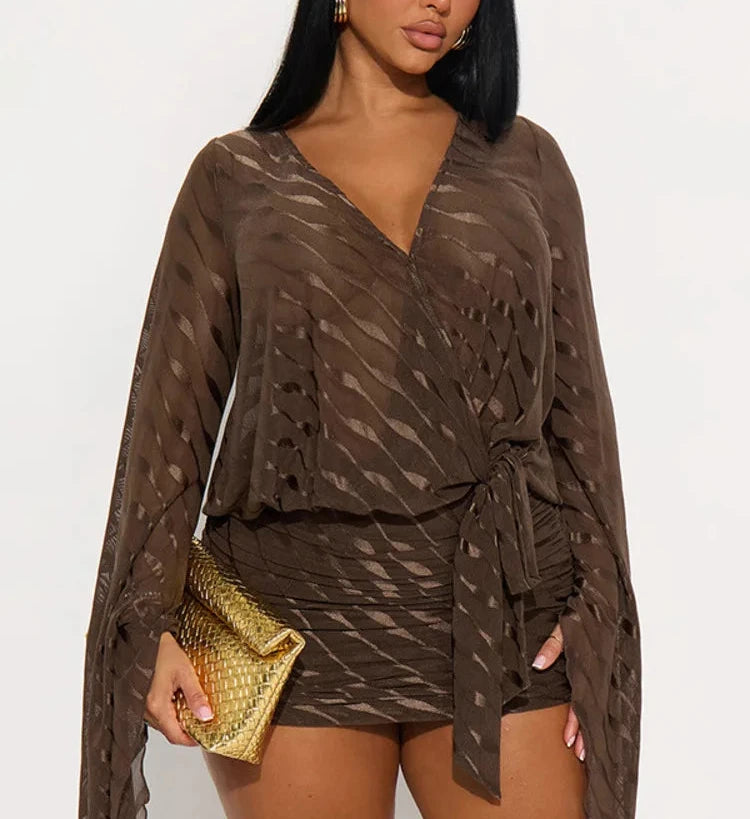 A&A Brown Sheer Long-Sleeve Tie-Waist Mini Dress