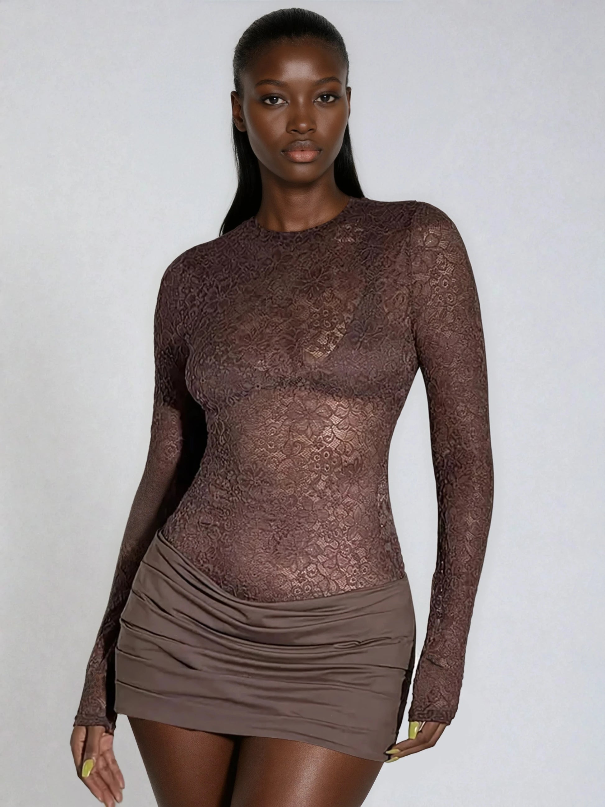 A&A Lace Sheer Mesh Ruched Minin Dress