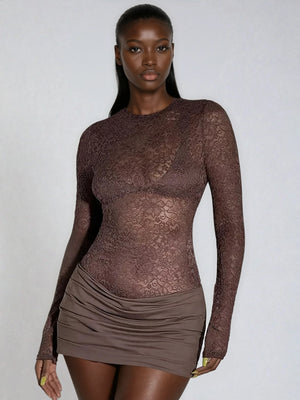 A&A Lace Sheer Mesh Ruched Minin Dress