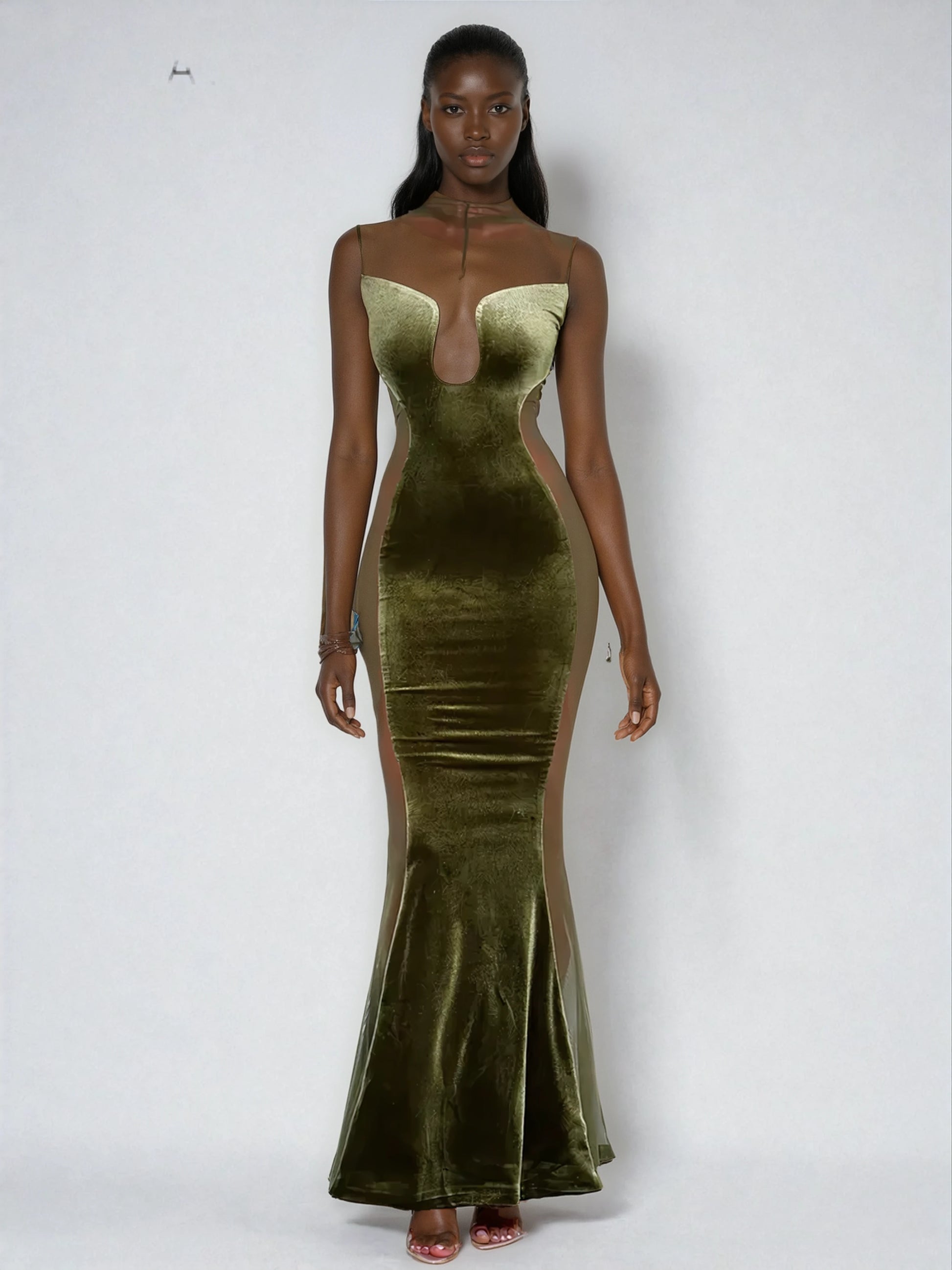 A&A Velvet Mesh Long Sleeve Maxi Dress