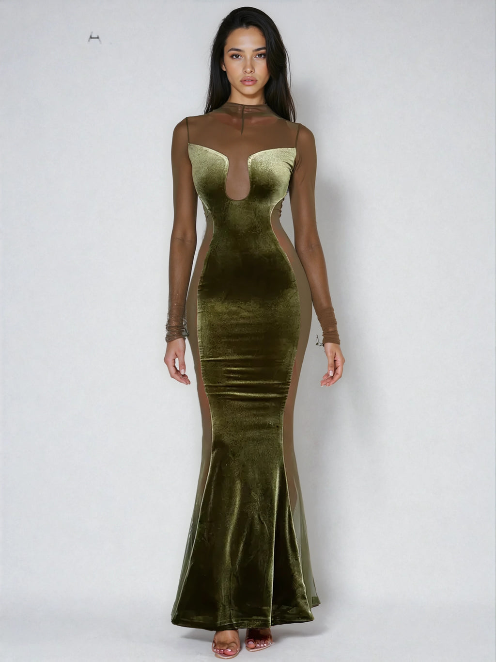 A&A Velvet Mesh Long Sleeve Maxi Dress