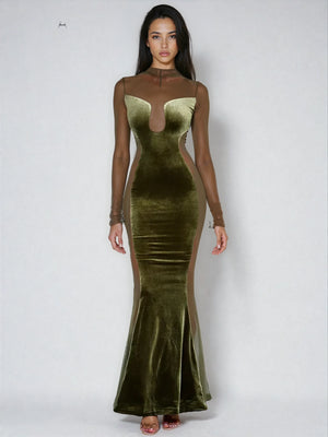 A&A Velvet Mesh Long Sleeve Maxi Dress