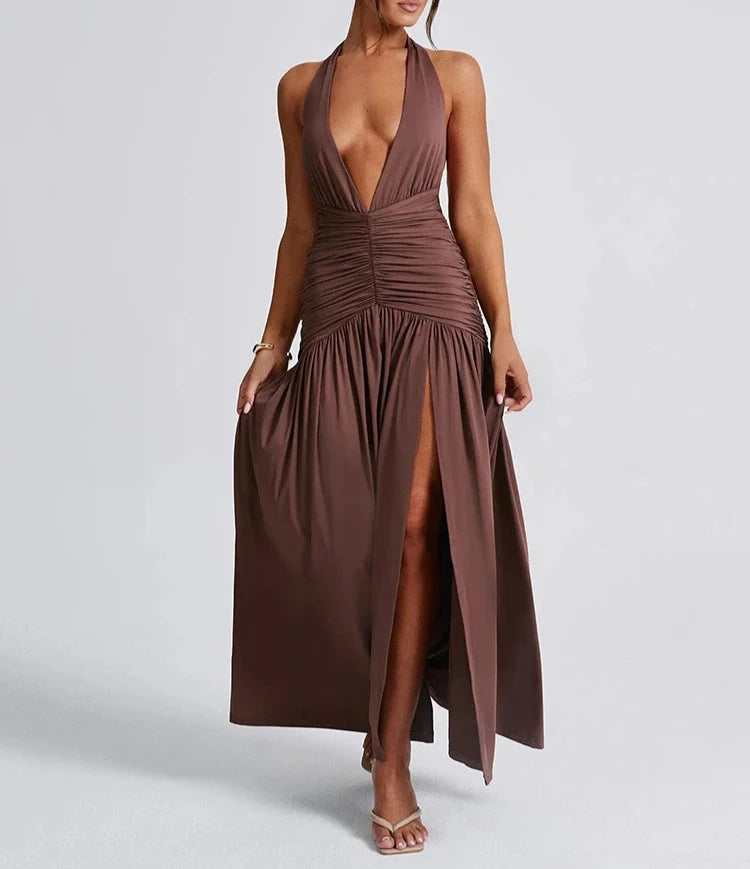 A&A Halter Plunge Neck Backless Thigh Split Maxi Dress