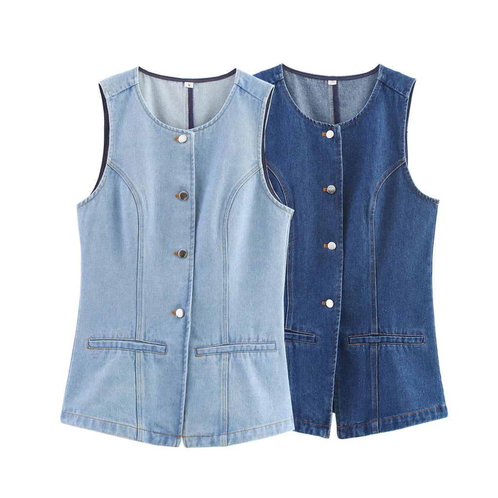 A&A Single Breasted Sleeveless Denim Vest Top
