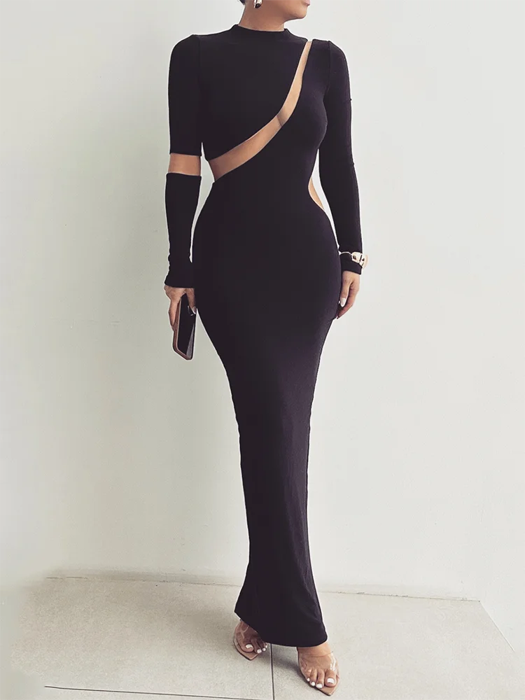 A&A Long Sleeve Mesh Insert Bodycon Maxi Dress