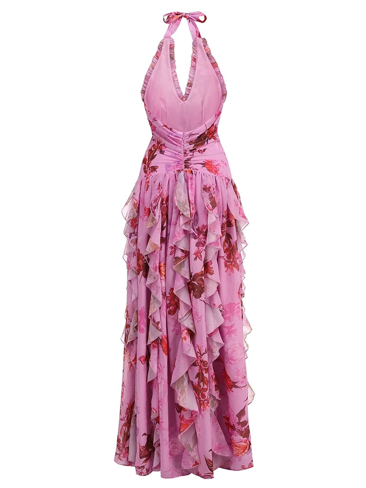 A&A Luxe Bluebell Halter Neck Floral Print Ruffles Maxi Dress