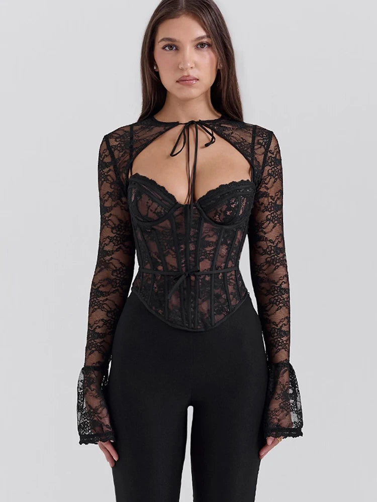 A&A Luxe Sheer Black Lace Long Sleeve Corset Top