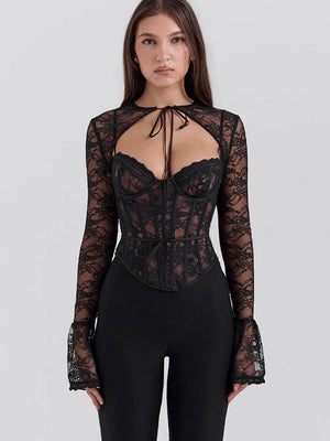 A&A Luxe Sheer Black Lace Long Sleeve Corset Top