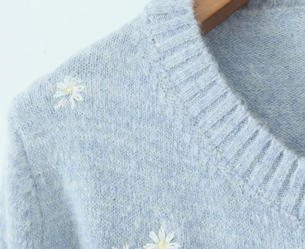 A&A Freesia Blue Embroidery Crewneck Cardigan