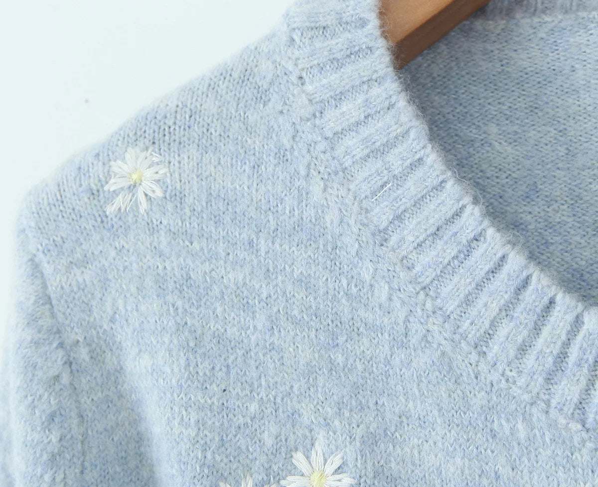 A&A Freesia Blue Embroidery Crewneck Cardigan