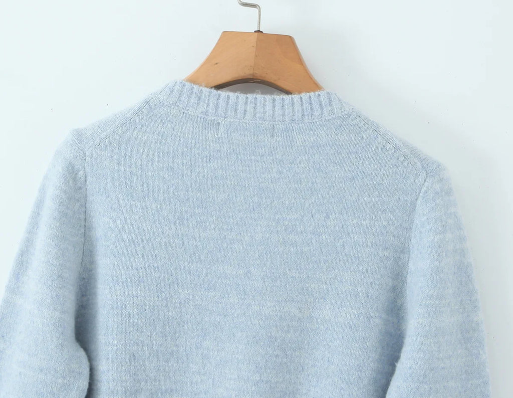 A&A Freesia Blue Embroidery Crewneck Cardigan