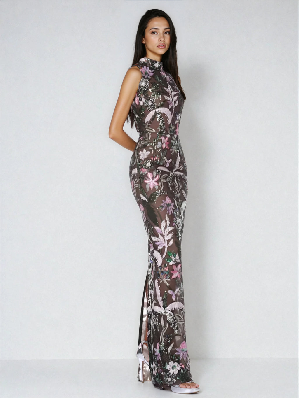 A&A Luxe Embroidered High Neck 
Mesh Floral Sequin Maxi Dress
