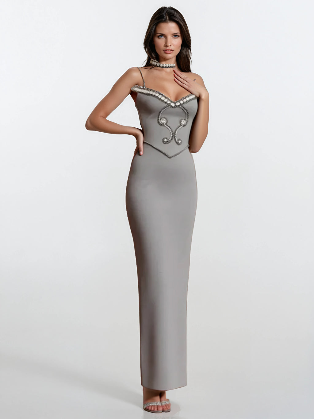 A&A Luxe Strapless EmbellishedCrystal Trim Bandage Maxi Dress
