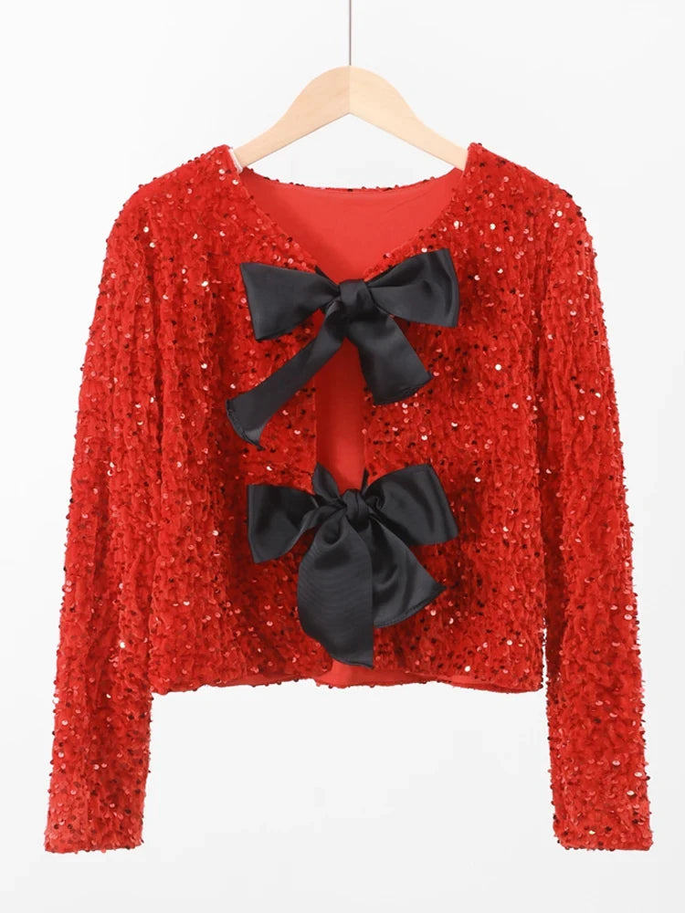 A&A Sequin Bow Tie Cardigan
