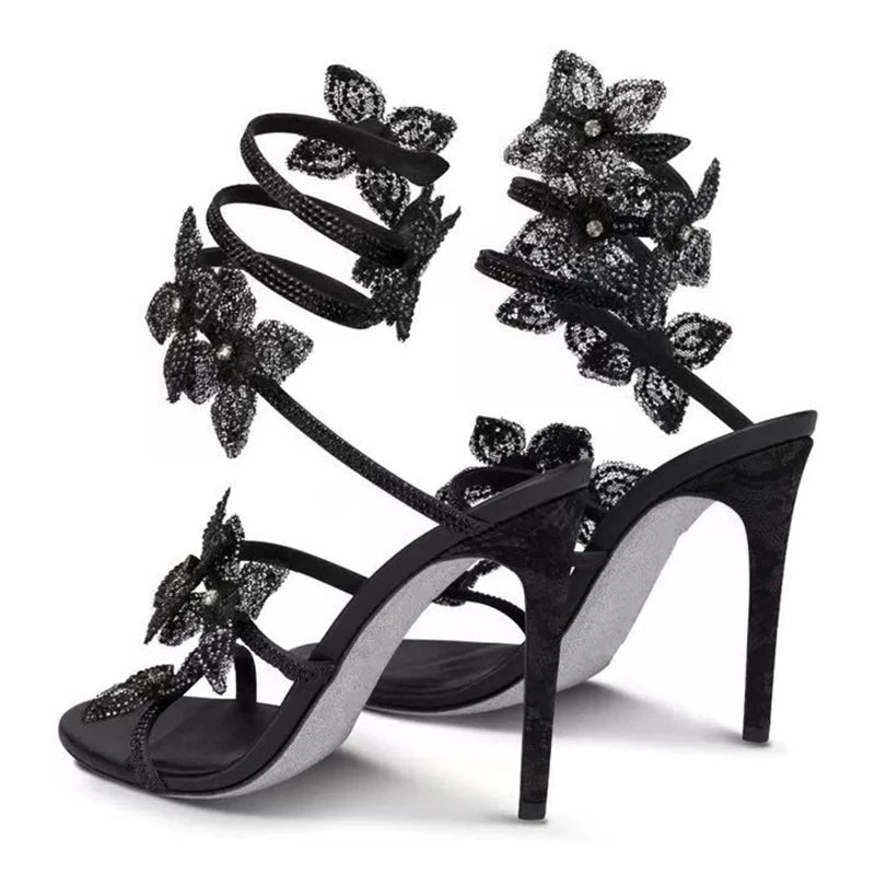 A&A Aeris Black Crystal Flower Wrap Up Heels