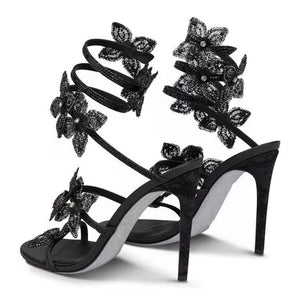 A&A Aeris Black Crystal Flower Wrap Up Heels