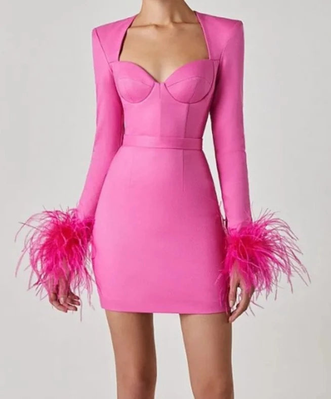 A&A Luxe Long Sleeve Feathers Mini Bodycon Bandage Dress