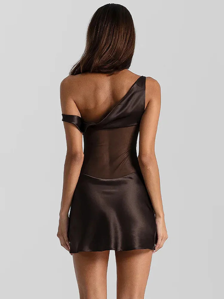 A&A Off Shoulder Satin Sheer Mini  Bodycon Dress