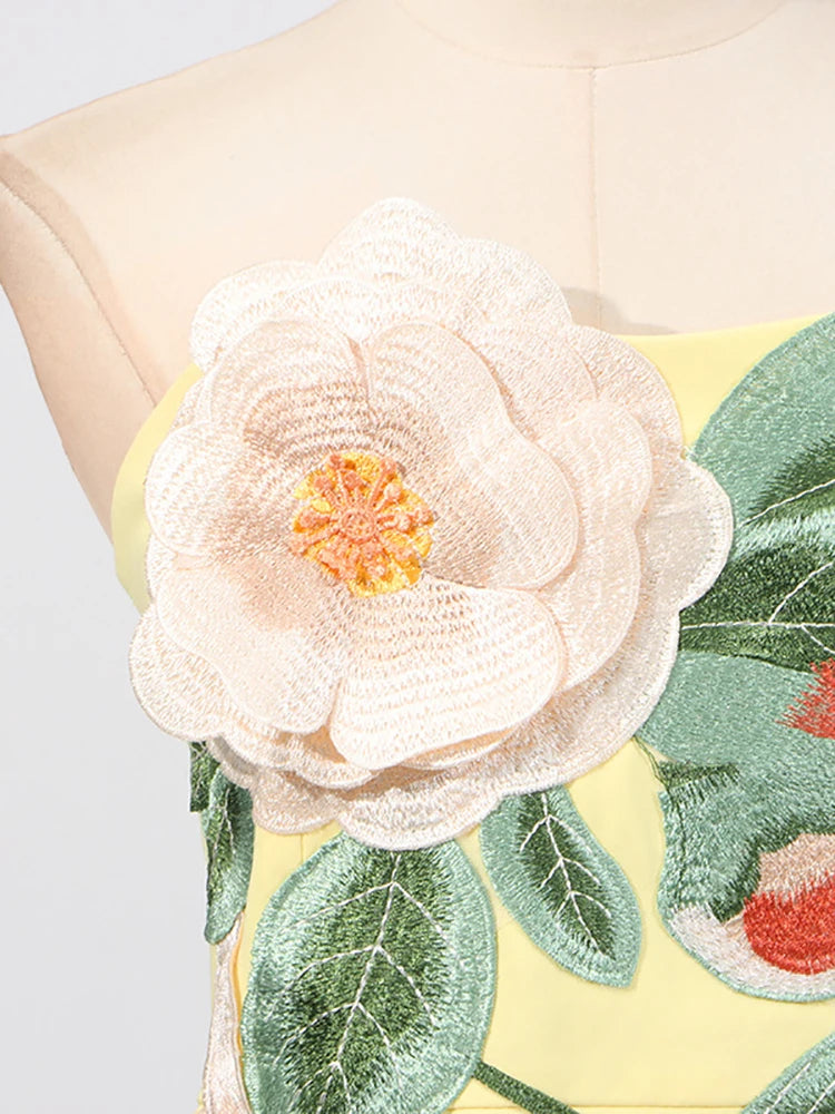 A&A Elara Yellow Strapless Embroidered Flower A-Line Mini Dress