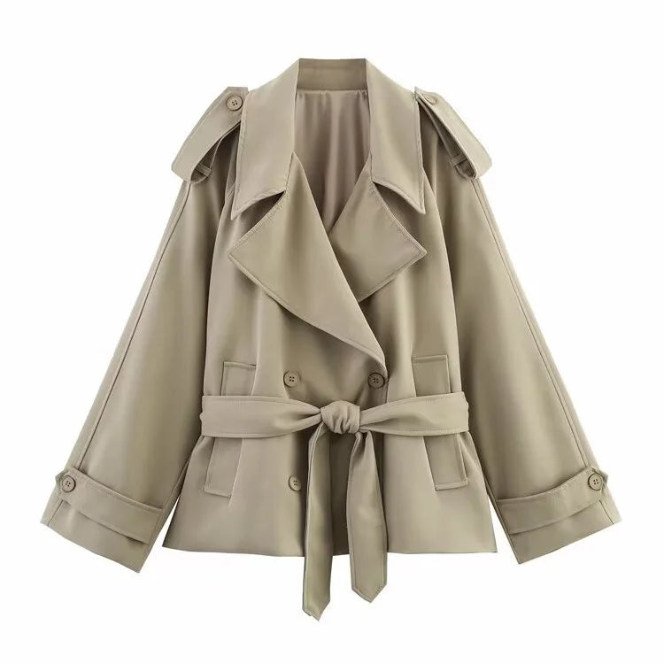 A&A Classic Beige Belted Trench Coat with Wide Lapel