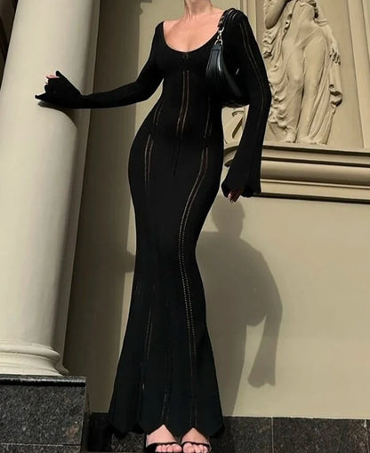 A&A Knitted Sheer Black Long Sleeved Maxi Dress