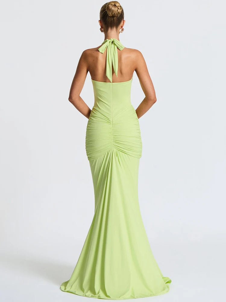 A&A Halter V Neck Backless Ruched Gown Maxi Dress