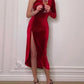 A&A One Shoulder Ruched Slit Velvet Midi Dress