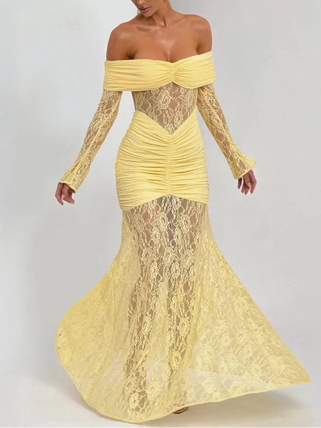 A&A Luxe Off-Shoulder Sheer Long Sleeve Maxi Dress