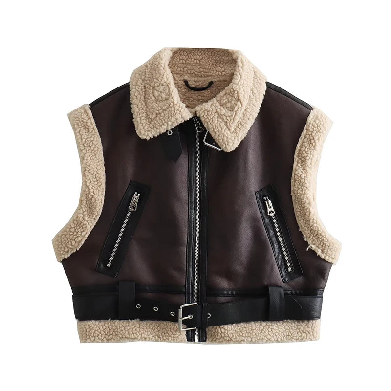 A&A Sleeveless Faux Leather Shearling Biker Vest
