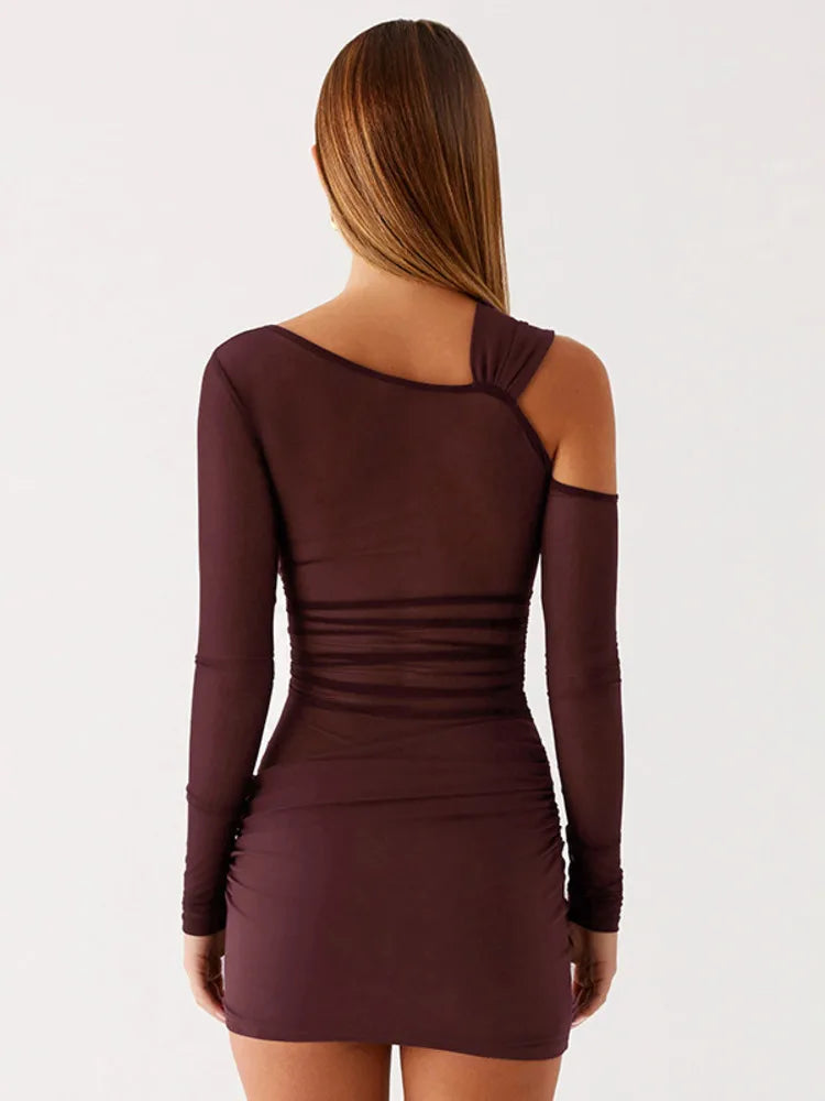 A&A Burgundy Asymmetric Sheer Mesh Knot Mini Dress