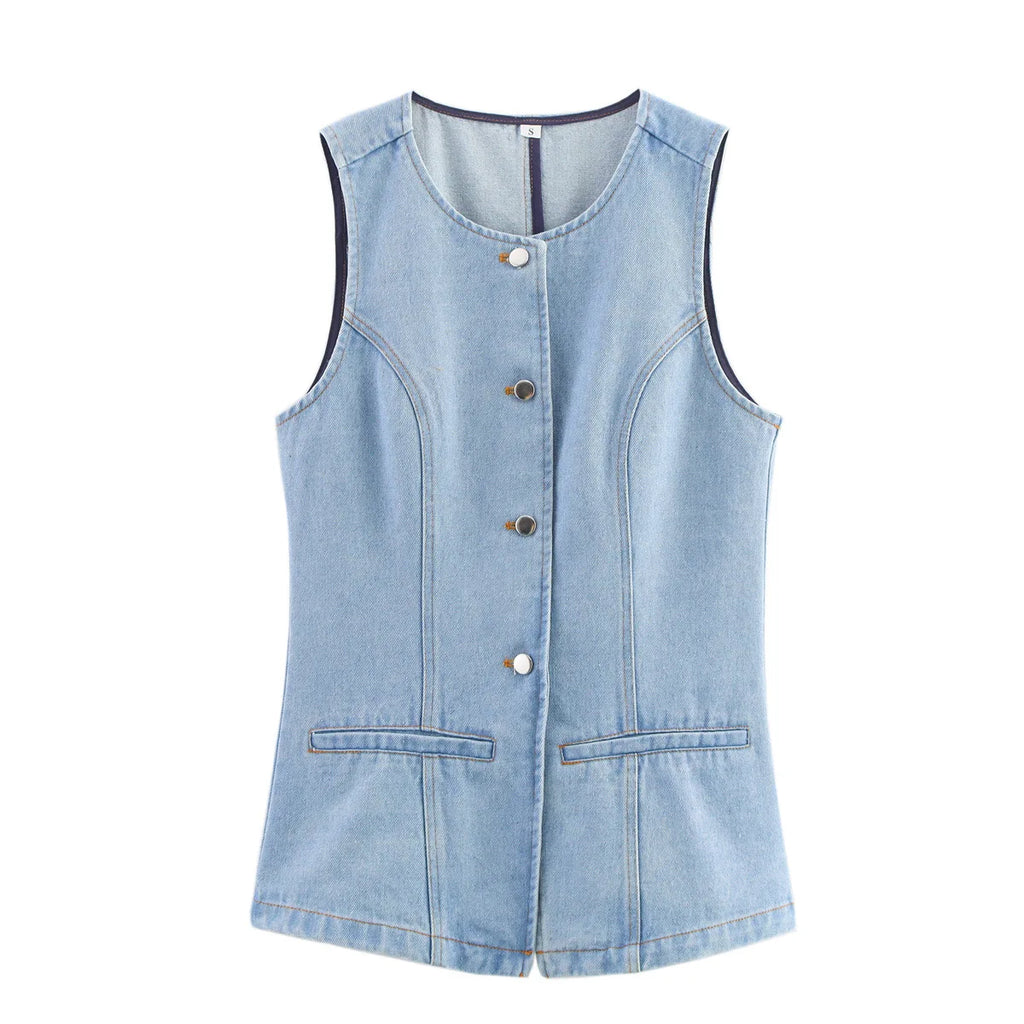 A&A Single Breasted Sleeveless Denim Vest Top