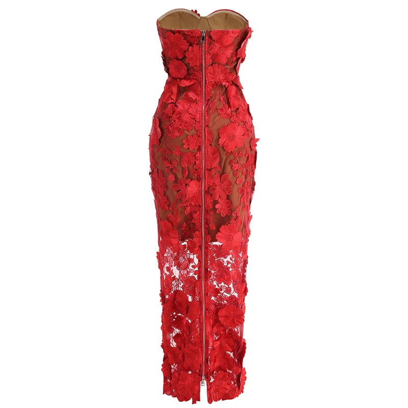 A&A Luxe Embroidered Flower Lace Mesh Strapless Dress