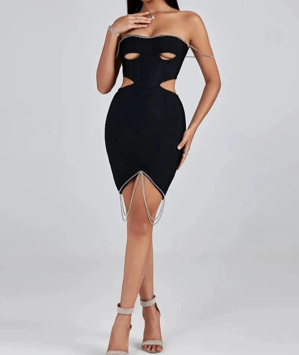 A&A Luxe Cut out Black Crystal Embellished Mini dress