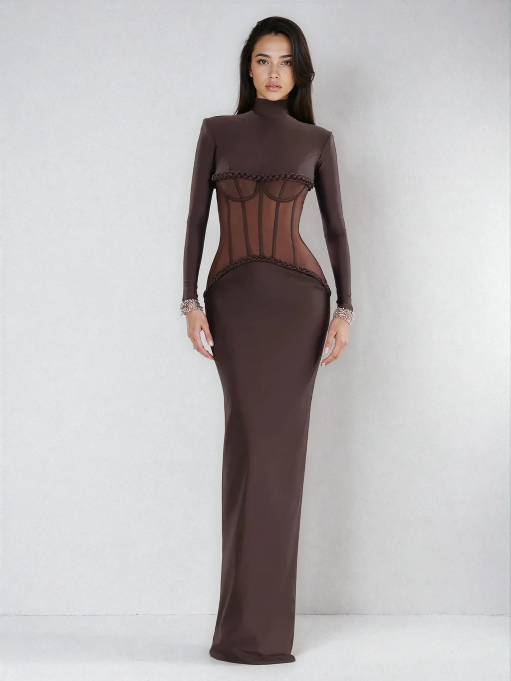 A&A Luxe Turtleneck Mesh Brown Long Sleeve Maxi Dress