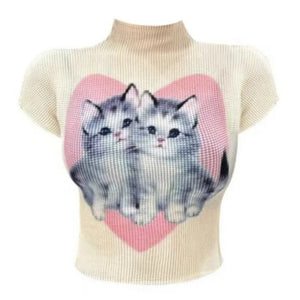A&A Coquette Kitty Kawaii Heart Graphic Print Crop Top