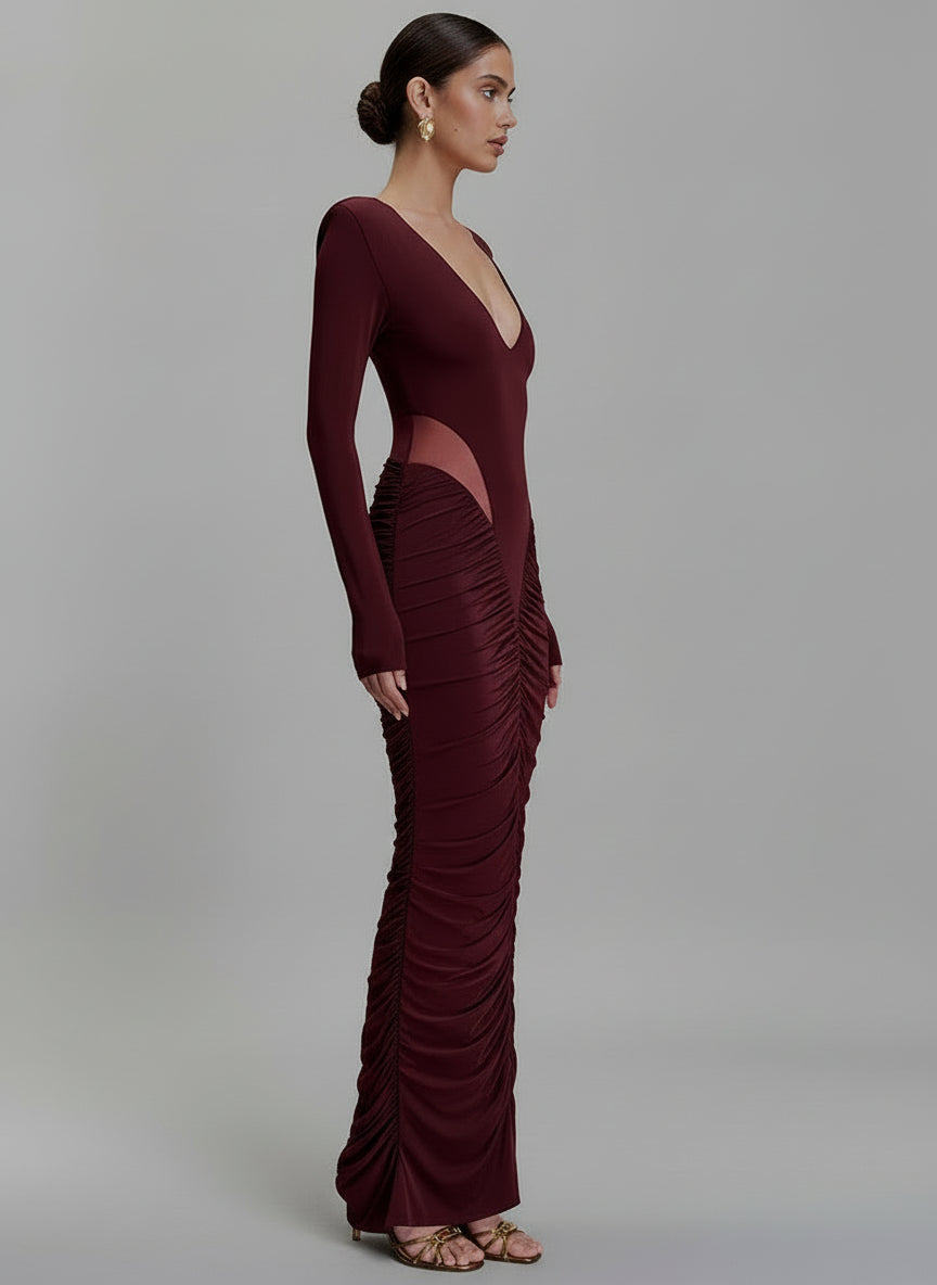 A&A Long Sleeved Ruched Slinky Bodycon Maxi Dress