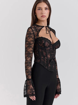 A&A Luxe Sheer Black Lace Long Sleeve Corset Top