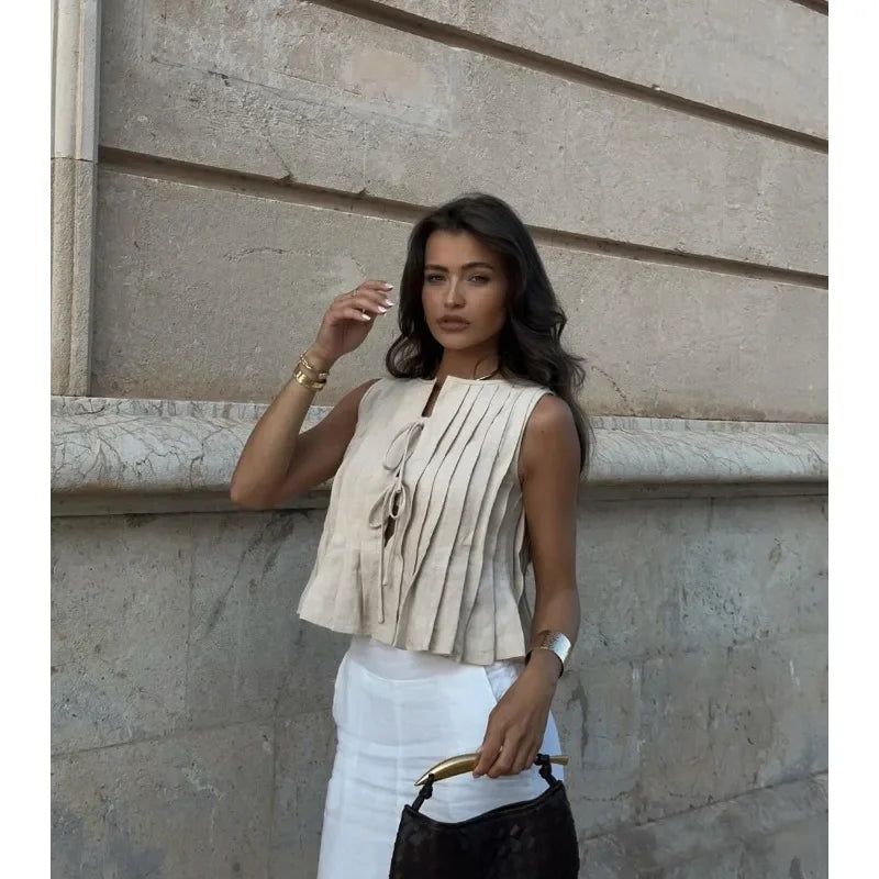 A&A Pleated Tie Front Sleeveless Chic Top