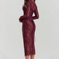 A&A Lace Print Bodycon Burgundy Midi Dress