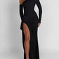 A&A Luxe Oblique Shoulder Thigh High Split Maxi Dress