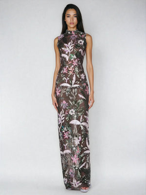 A&A Luxe Embroidered High Neck 
Mesh Floral Sequin Maxi Dress