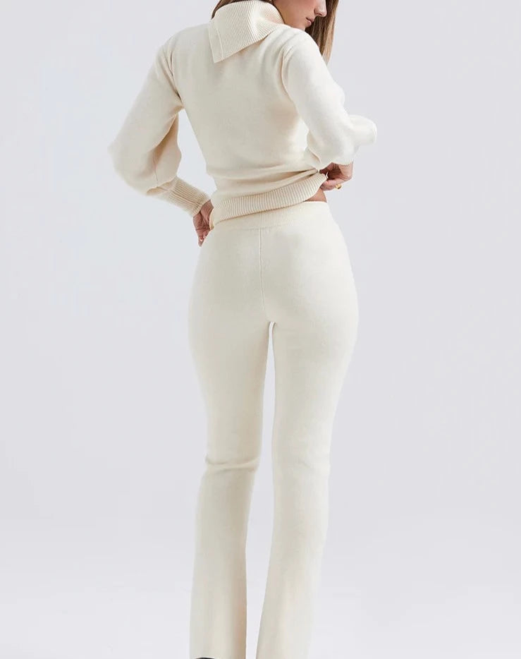 A&A Two Piece High Neck Turn Down Collar and Flared Pants Knit Set