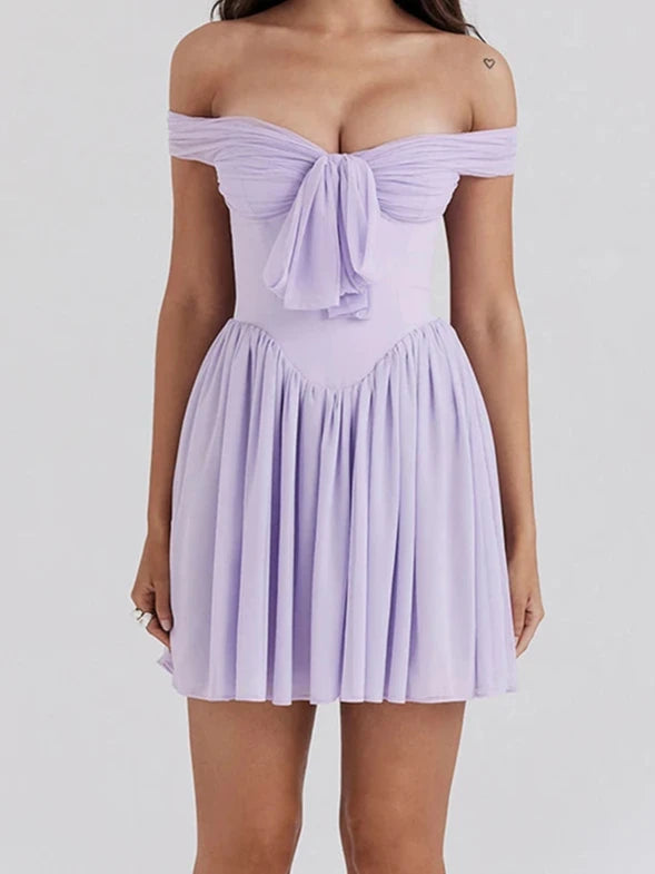 A&A Lilac Off-shoulder Pleated Mini Dress