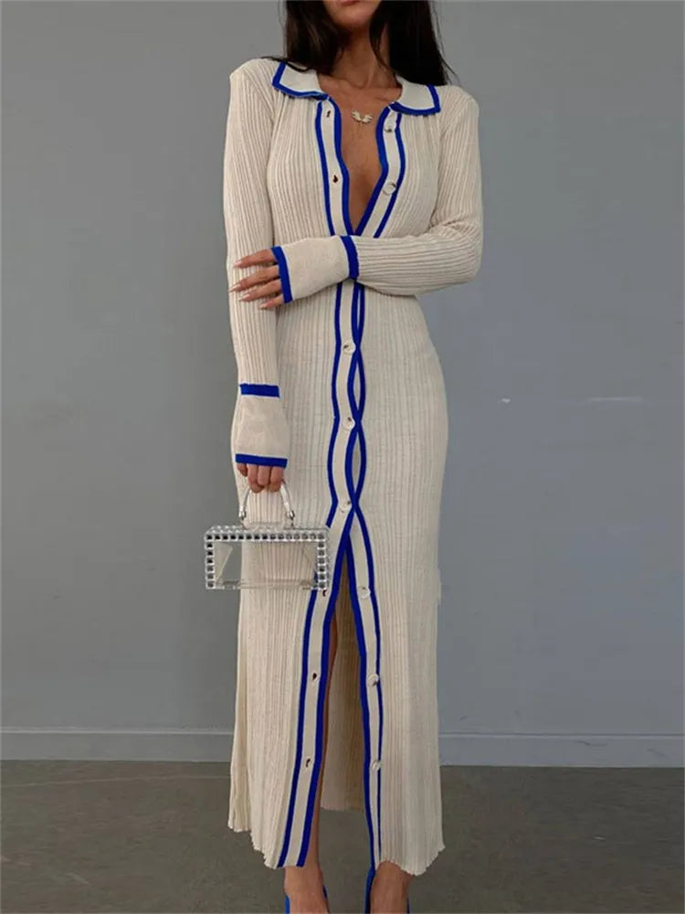 A&A Patchwork Lapel Long Sleeve Maxi Dress