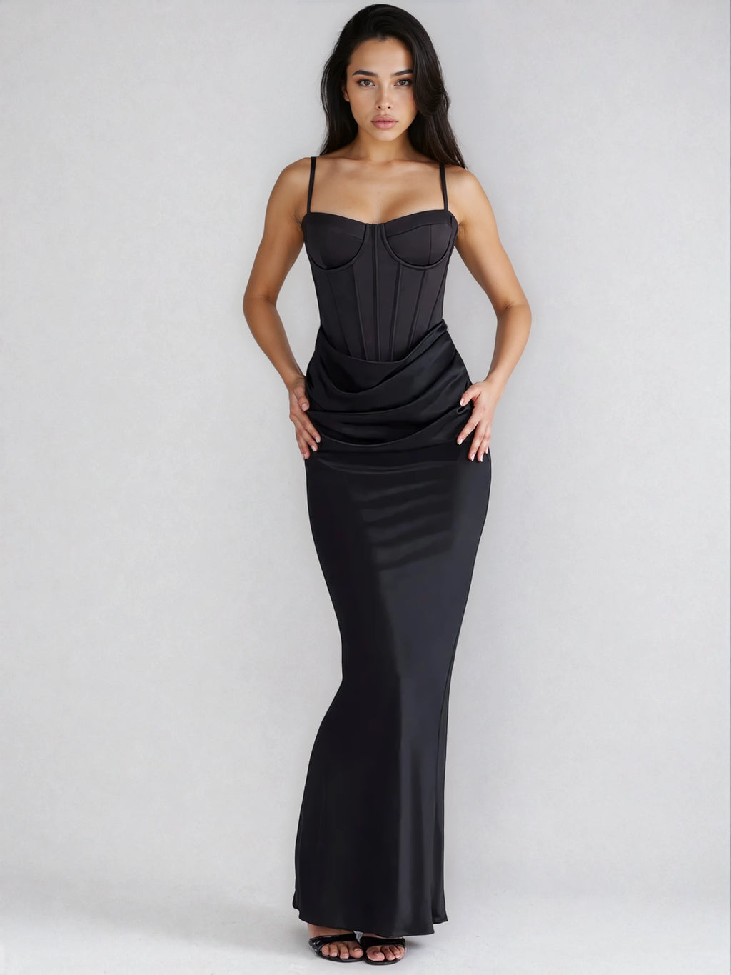 A&A Spaghetti Strap Sculpted Corset Maxi Dress