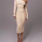 A&A One Shoulder Mesh Long Sleeve Ruched Midi Dress