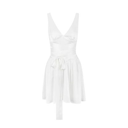 A&A White Satin Summer V Neck A Line Mini Dress